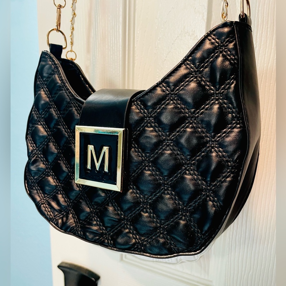 NEW M Quilted Black Chain Crossbody Shoulder Bag - Picture 3 of 7